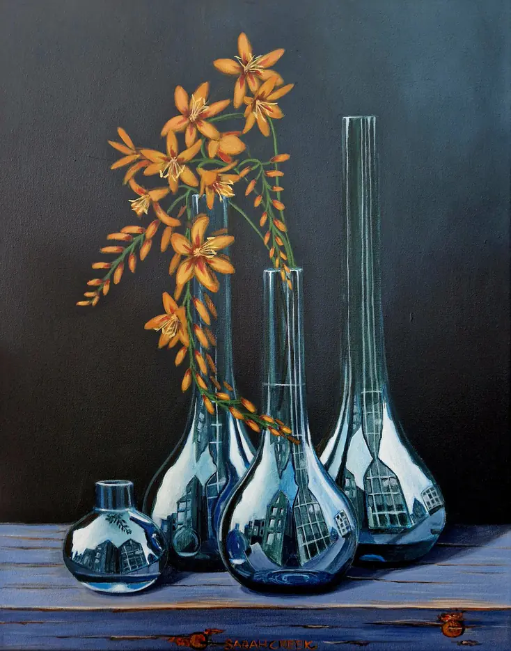 Crocosmia, Stilleven met crocosmia, schilderij van Sarah Creek