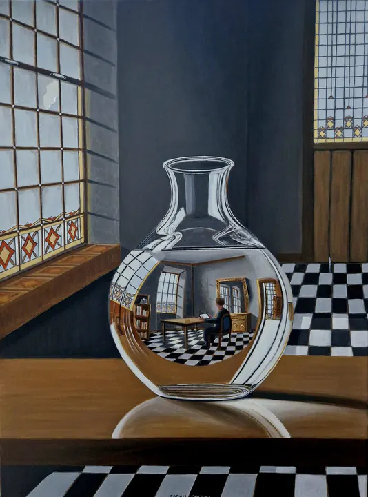 Finishing up my assignment, Glazen vaas, schilderij van Sarah Creek