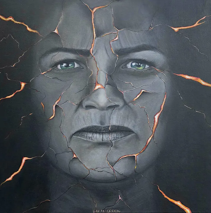 Momento Vivere - Tussen barst en vuur, Zelfportret, schilderij van Sarah Creek